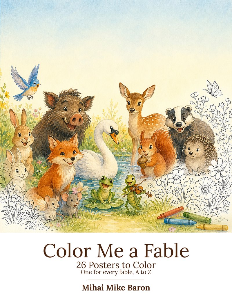 Cover of the free 26-poster coloring set, showing watercolour woodland animals
